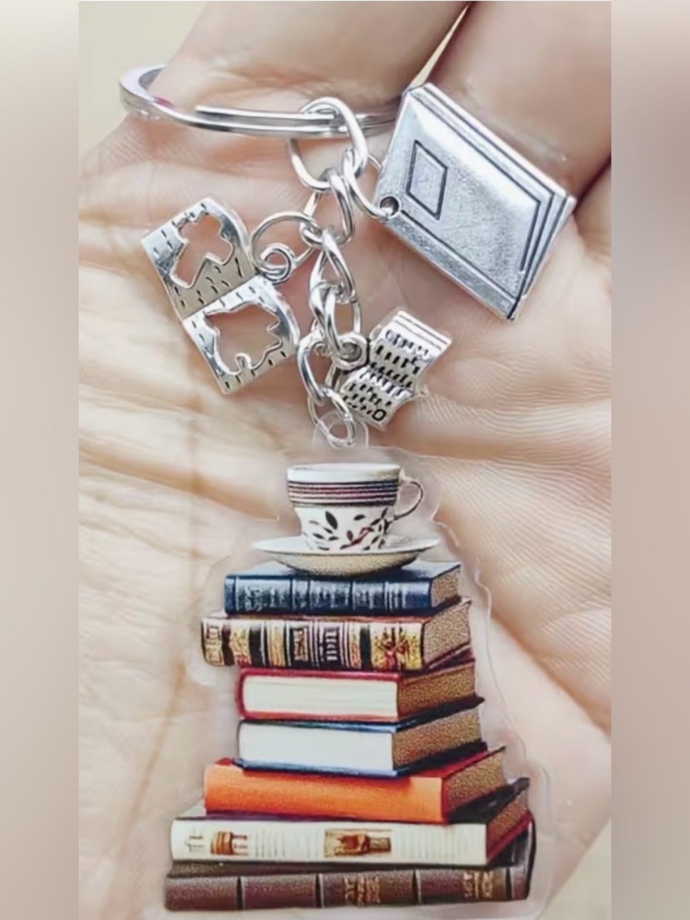 Book Stack Keychain with Teacup Charm - Silver Hardware